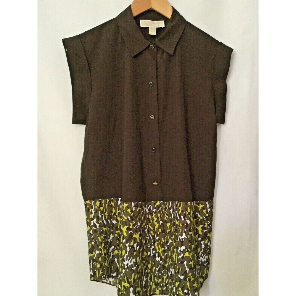 Michael Kors Women Blouse Size M Gold Buttons Brown Yellow  NWT $75 Cap Sleeve